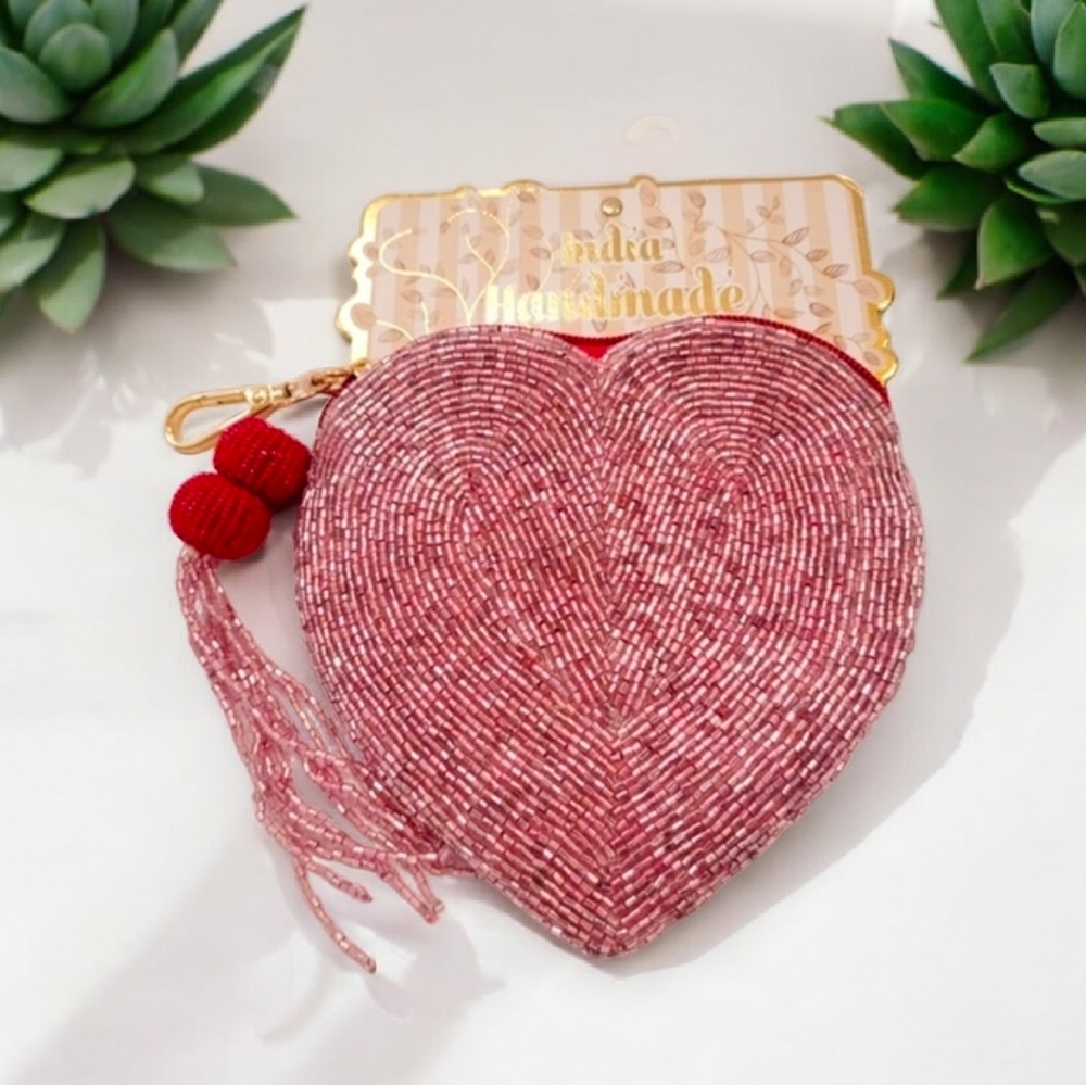💕▪️made In India ▪️Pink Heart- Shaped Beaded Coin Pouch